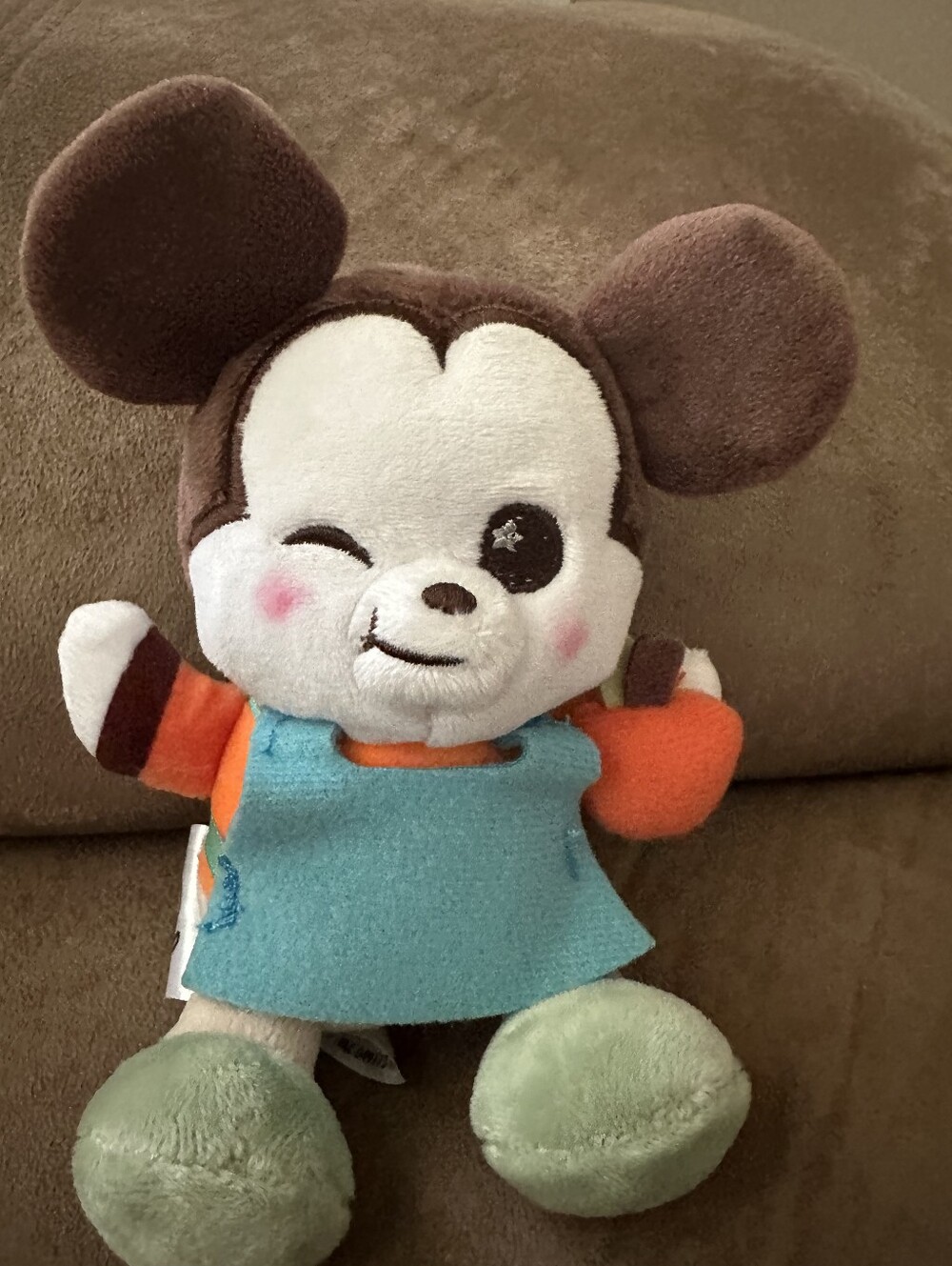 Plush Winking Mouse Toy in Brown, White, Teal & Orange